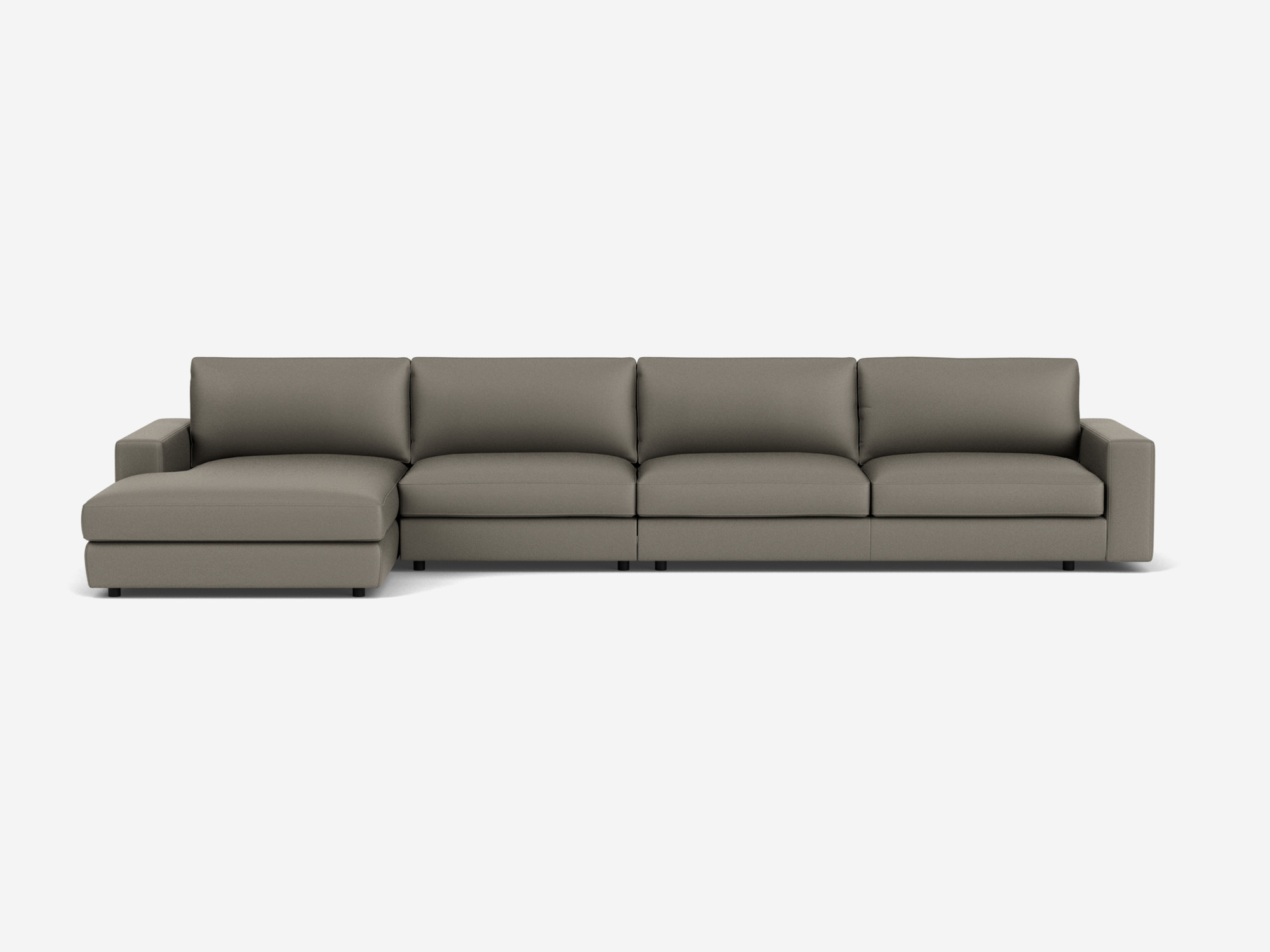 Front view of the modular sofa in grey leather with left hand chaise